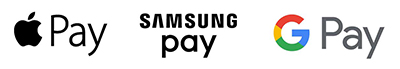 Logos of Apple Pay, Samsung Pay, and Google Pay services.